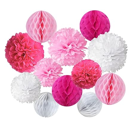 Cocodeko 12 Stück Papier Pompoms und Wabenbälle Dekorpapier Kit für Geburtstag Hochzeit Baby Dusche Parteien Hauptdekoratione