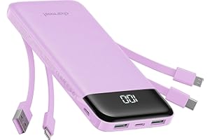 Charmast Portable Charger with Built in Cables, Power Bank with Cords Wires, Slim 10000mAh Travel Battery Pack 6 Outputs 3 In