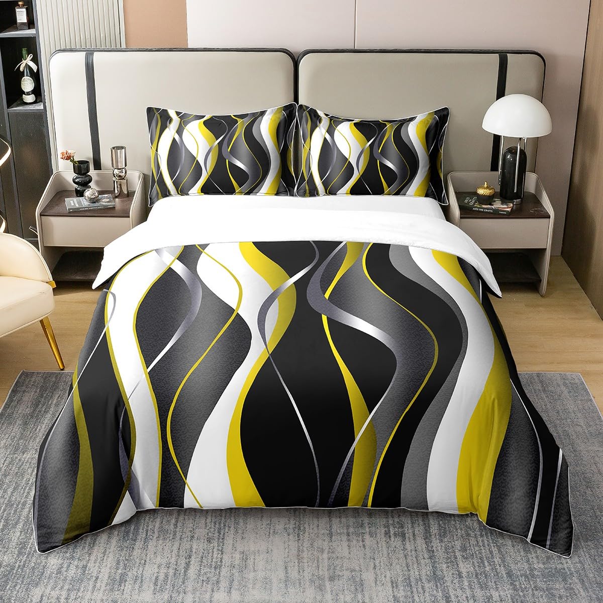 Geometric 100% Cotton Duvet Cover Double Size 1 Panel White Yellow Black Grey Lines Bedding Cotton Duvet Cover Set Modern Abstract Art Bedding Set