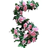 MUYG 2 Pack Artificial Rose Vine Garland Fake Roses Flowers Plants Vines Hanging Floral Leaves Decoration for Wedding Party Table Garden Arch Wall Home Room Decor(Pink)