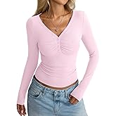 EasyGala Women Cotton Long Sleeve Henley Shirts V Neck Front Ruched Tops Sexy Low Cut Fitted T-Shirt Trendy Fall 2025