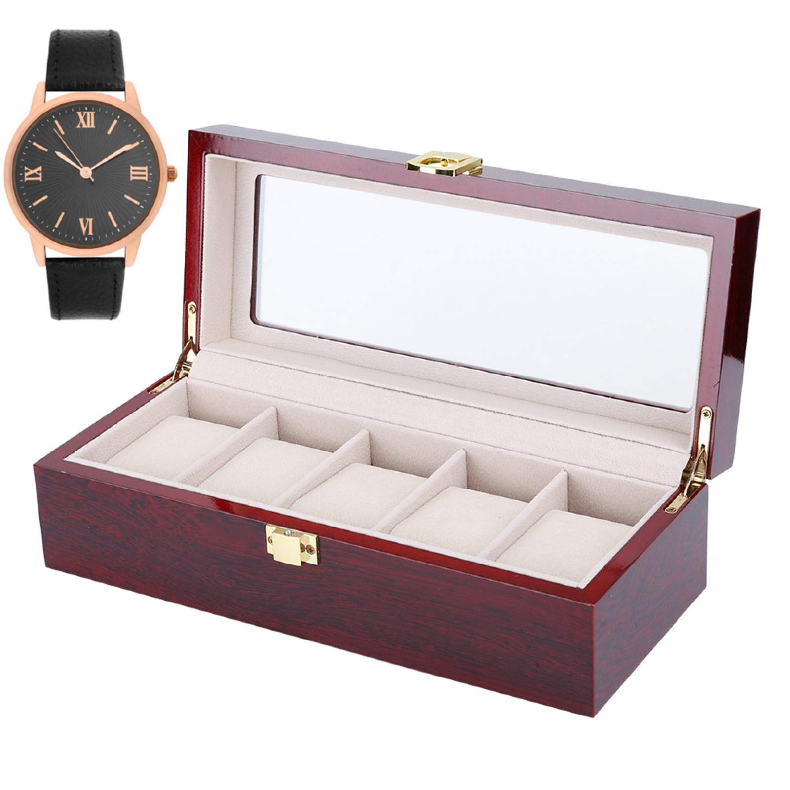 5 Grid Wood Watch Box,Watch Storage Case Holder Watch Organizer with Glass Anti‑Slip Watch Display Case Jewelry Collection Wood Watches Organizer Gift Box Showcase Birthday Gifts for Men Women