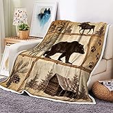 Bzhilja Rustic Cabin Throw Blankets, Farmhouse Country Antique Bear Moose Forest Vintage Wood Cozy Warm Bed Couch Blanket, Hunting Camping White Fleece Flannel Throws to Decorate The Room and Bedroom