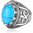 Dochais Retro Large Tiger Eye Stone Mens Ring Turquoise Vintage Ring for Men Oval Gemstone Stainless Steel Ring Size 7-13