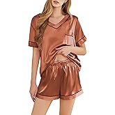 SHEFOTY Silk Pajamas for Women Short Sleeve Satin 2 Piece Pj Set Soft V Neck Sleepwear Loungewear, S-XXL