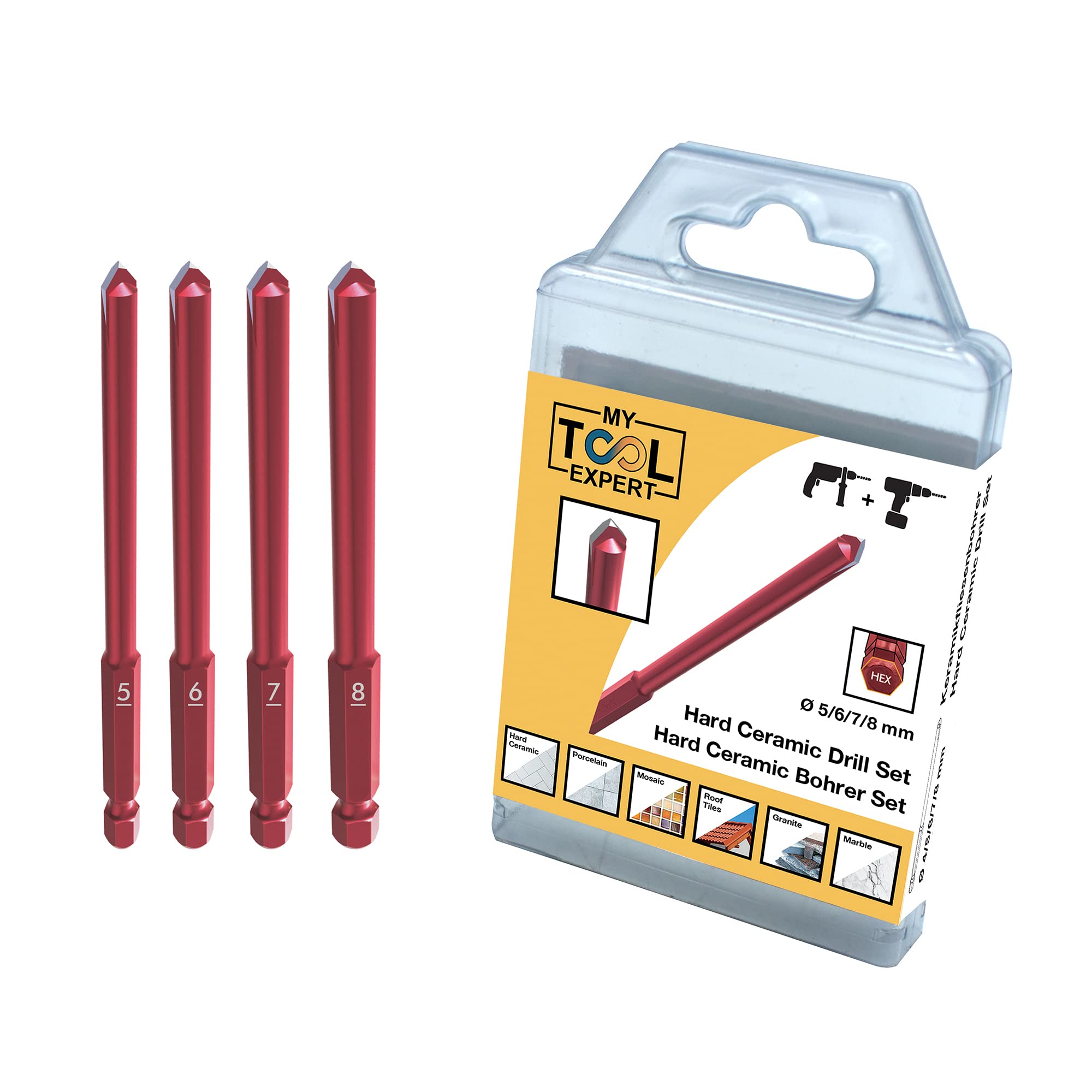 Tile Drill Bits Set 4 Pieces, Professional HEX-9 Self Centring Drill Bit Ø 5,6,7,8 For Precision Drilling of Porcelain, HardCeramic, Roof Tiles, Glass, Natural Stone, Mirrors, Glazed Tiles, Mosaic