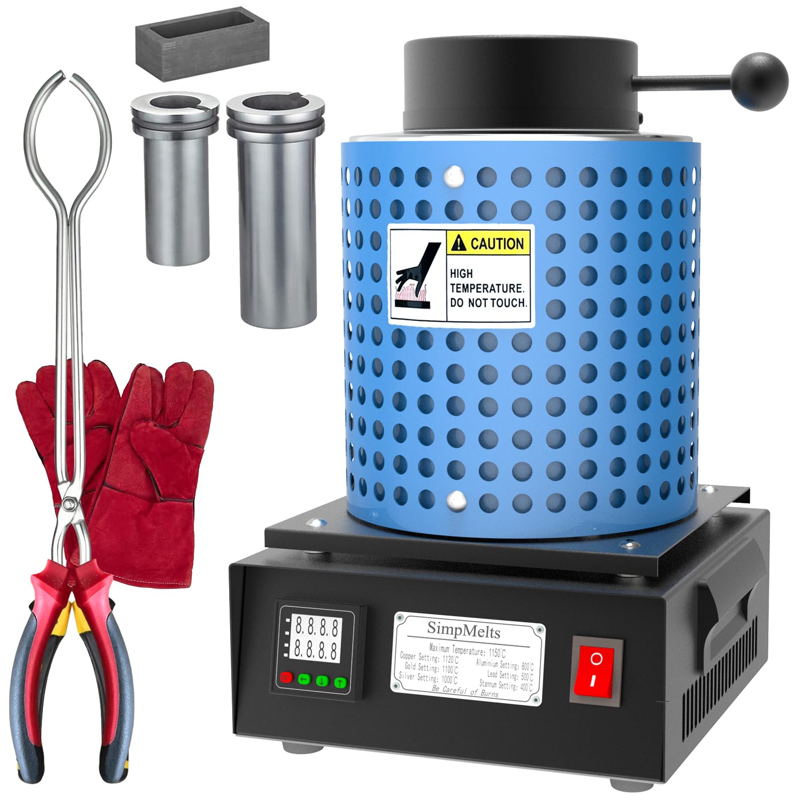 Photo 1 of 1450W Digital Gold Melting Furnace Kit, PID Electric Metal Smelter Foundry for Gold, Silver, Copper, Aluminum, Brass - Includes Crucible, Tongs, Graphite Mold & Ingot Mold, 2100°F High-Temp (Blue)