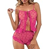 Kolagri Sexy Women Lace Pajamas Lingerie Set High Waist Sheer Sleepwear Bow Ties Cami Shorts Set