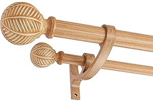 Mayrhyme Wood Double Curtain Rods Set for Windows 72 to 144 Inches (6 to 12 ft), Adjustable Heavy Duty Dual Drapery Rods, 1 Inch Boho Rustic Decorative Design with Imitation Wood Grain Leaf Finials