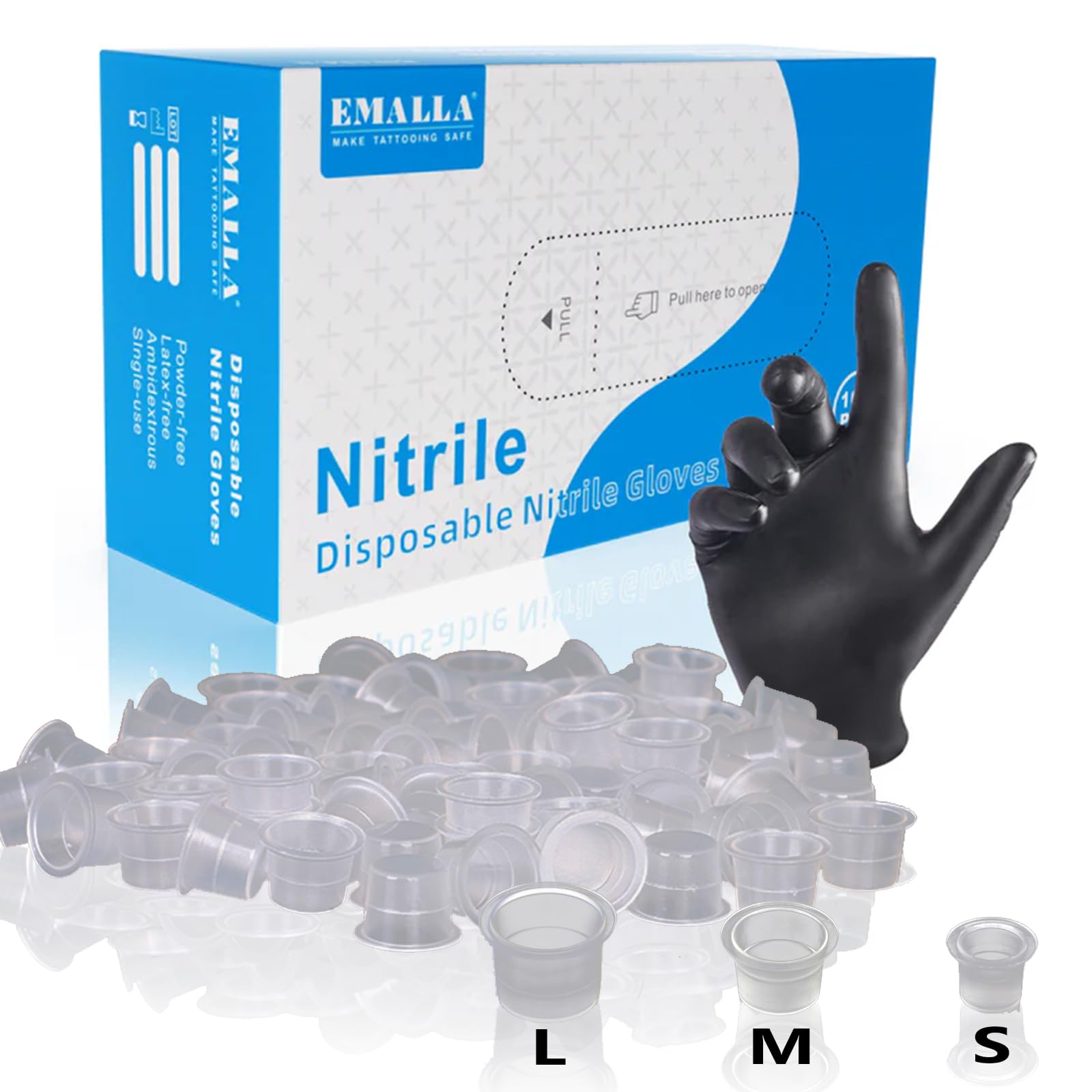 Tattoo Ink Cap Cup with Gloves - LEAYOKA 300Pcs Tattoo Ink Cup Mixed Size and 100Pcs Nitrile Disposable Gloves Tattoo Supply
