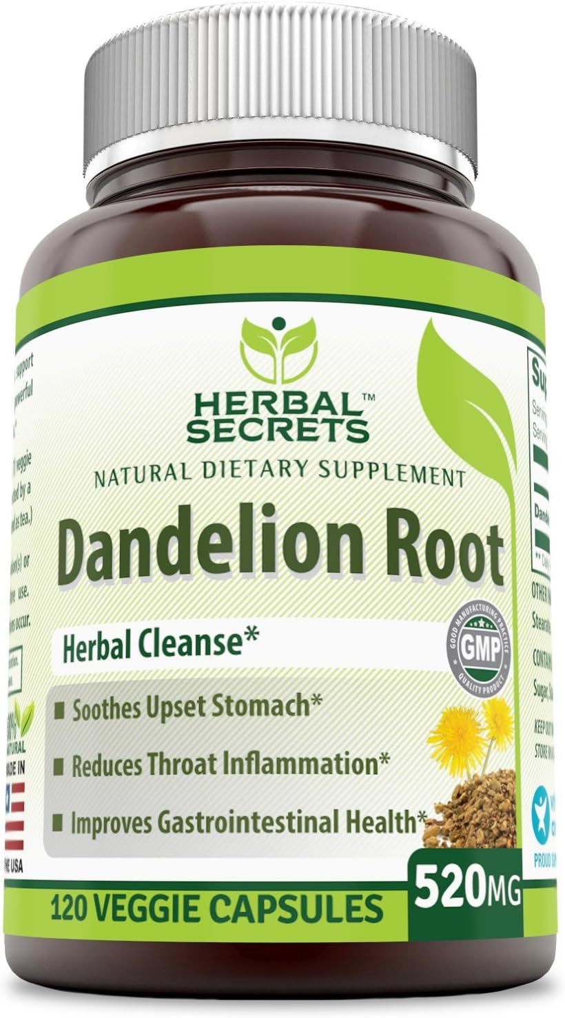 Herbal Secrets Dandelion Root 520 Mg 120 Veggie Capsules (Non-GMO) - Improve Gastrointestinal Health, Reduces Throat Inflammation, Soothes Upset Stomach*: Health & Personal Care
