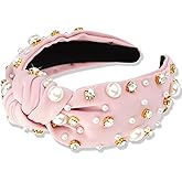Atoden Pearl Headband - Knotted Rhinestone Wide Top Knot Beaded Jeweled Crystal Embellished Hair Accessories for Women and Girls - Light Pink