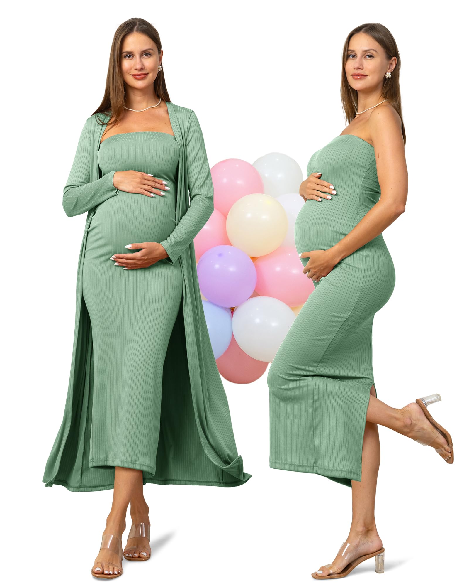 Photo 1 of Rnxrbb 2 Piece Maternity Dress Cardigan Baby Shower Wedding Guest Summer Maxi Photoshoot Tube Maternity Dresses Bodycon Long,Grayish Green S