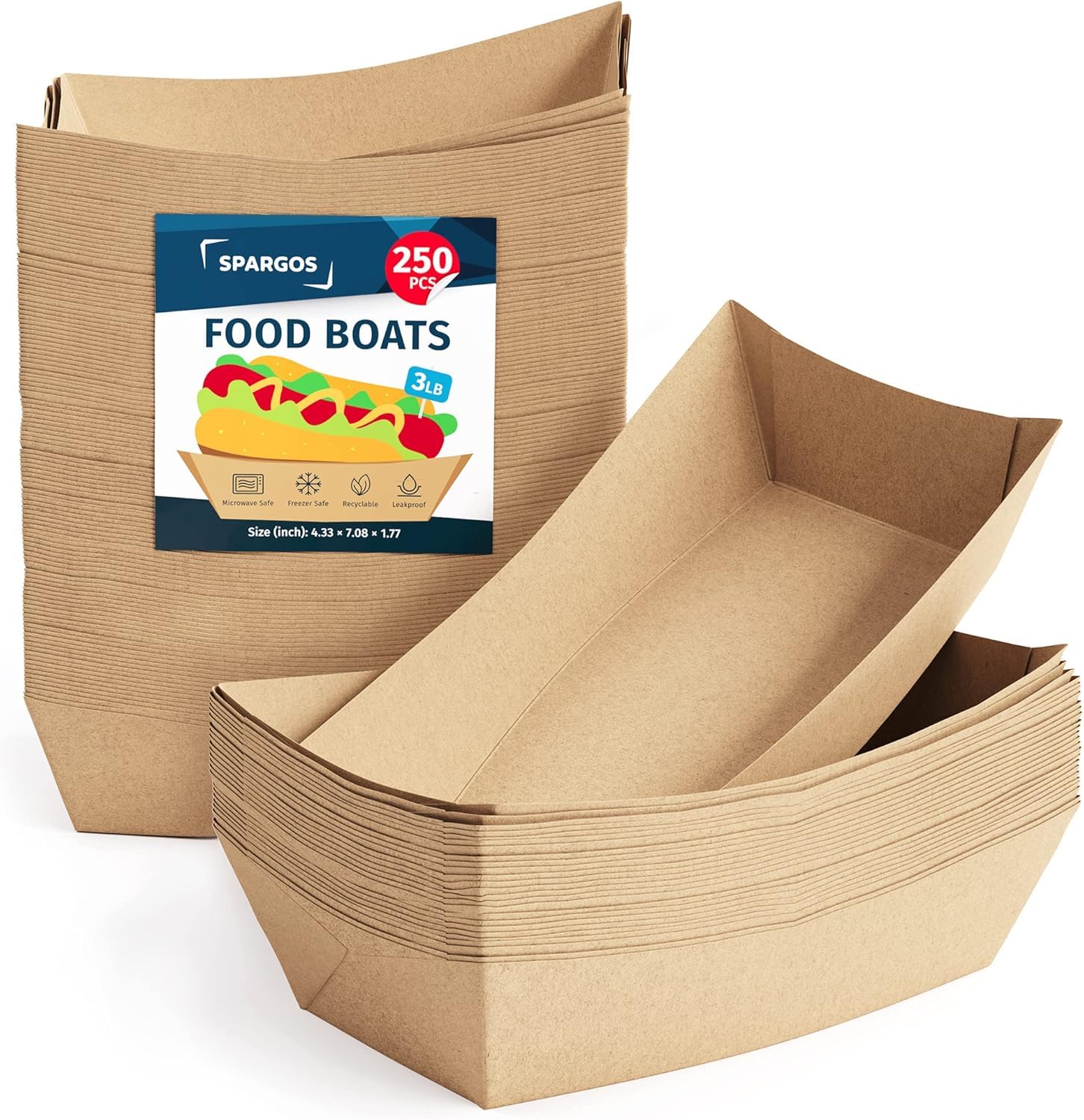 SPARGOS Food Boats (250 Pack) 3LB Brown - Paper Food Trays Leakproof ...