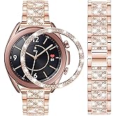 DEALELE Bands Compatible with Samsung Galaxy Watch 3 (41mm), 20mm Luxury Diamond Stainless Steel Metal Bracelet with Rhinestone Bezel Ring Case Cover Replacement for Women Men