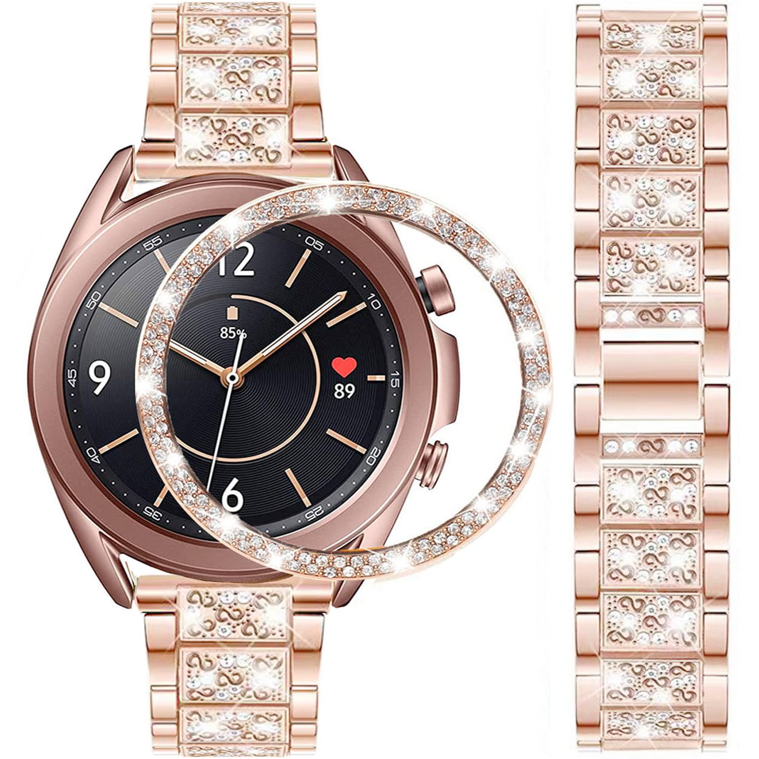 DEALELE Strap Compatible with Samsung Galaxy Watch 3 (41mm), 20mm Bling Rhinestone Dimaond Metal Steel Bracelet with Watch Face Bezel Ring Case Cover Replacement for Women Men, Rose gold