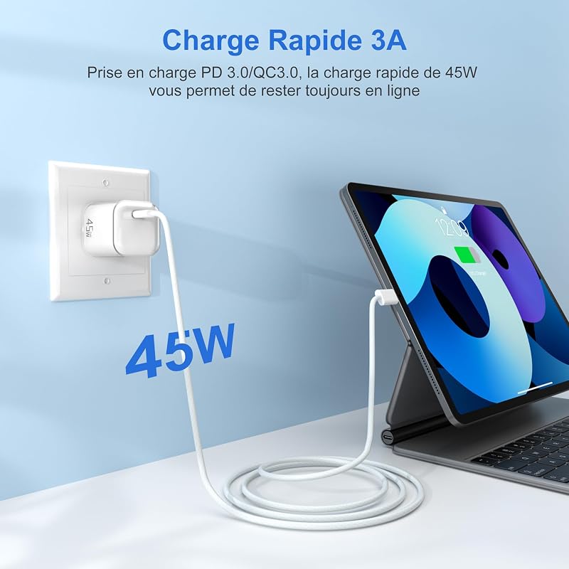 45W Chargeur USB C Rapide： GaN Prise USB C Chargeur Rapide PD3.0 Bloc Super Charge pour Smartphone Comprimés avec 60W Cable Type C 1M Secteur USBC Embout Adapteur