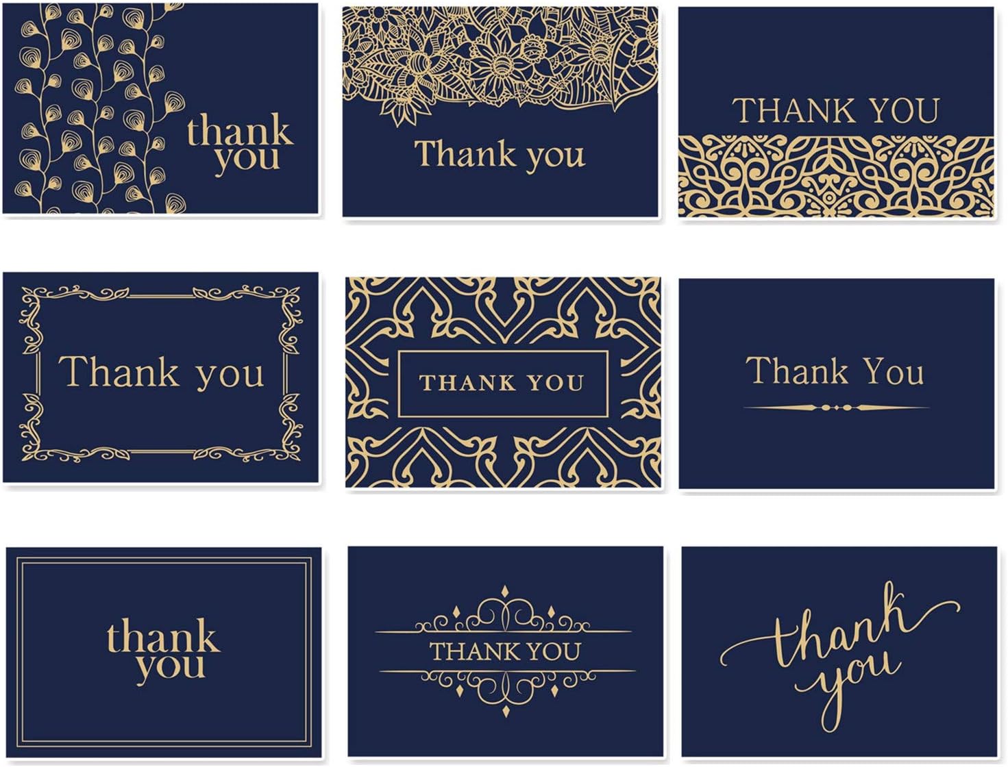 Beautiful Thank You Cards With Envelopes - Thank You Notes - Blank Thank You Notes In Gold Foil Embossed Lettering - Perfect for Business, Wedding, Gift Cards, Graduation - Navy Blue & Gold 36 Pack