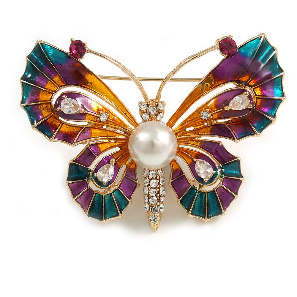 Multicoloured Enamel Crystal with Faux Pearl Butterfly Brooch In Gold Tone - 53mm Across