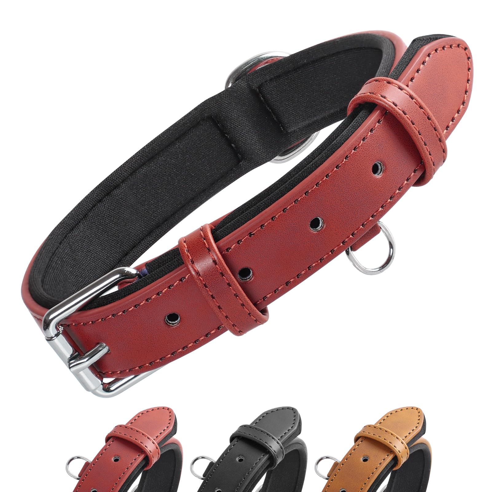 Grand Line Leather Collar, Wider & Thicker Durable with Soft Padded, Adjustable for Small to Large Dogs & Cats (Red, L)