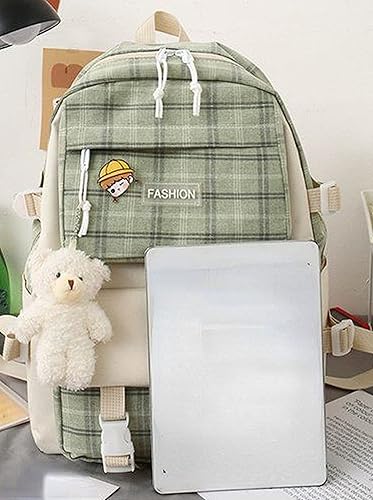 5Pcs Kawaii Plaid Backpack Set Aesthetic Preppy Cute Checkered