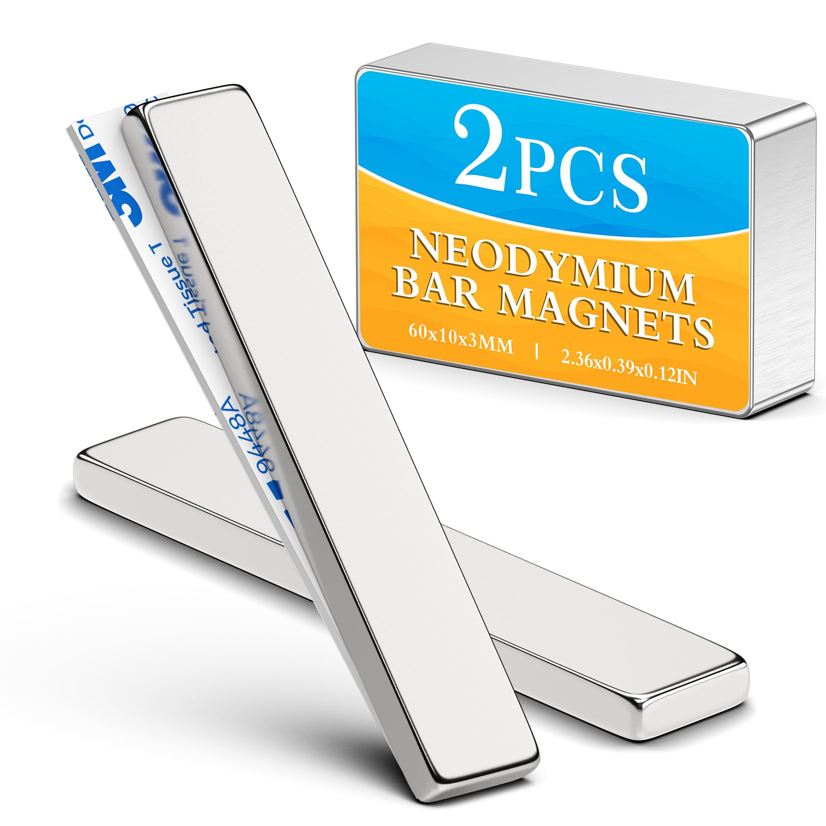 Photo 1 of Grtard 2 Pack Powerful Neodymium Bar Magnets, 60 x 10 x 3 mm Rare Earth Magnet Bar, Rectangle Magnet, Neodymium Magnets with Double Sided Adhesive Backing for Outdoor, Fridge, Whiteboard