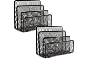 EASEPRES Desk Mail Organizer, Office Small Desktop Metal Mesh Envelope Letter Sorter Paper File Holder Organizer with 3 Vertical Upright Compartments, Black 2 Pack