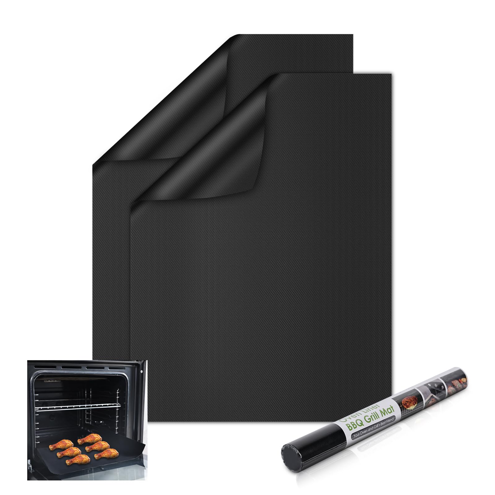 KitchenRaku Non-Stick and Heavy-Duty Oven Liners for Bottom of Fan Assisted Ovens - Home & Kitchen Accessories -Suitable for Most Ovens and Cookers Teflon Oven Liners (Dark Black, 32x50cm 2PCS)