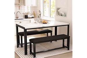 LinkRomat Dining Room Table Set with 2 Benches, Dining Table Set for 4-6, Dinner Table Set for 4, Faux Marble Breakfast Table Set & PU Leather Upholstered Benches for Small Spaces, Apartment, White