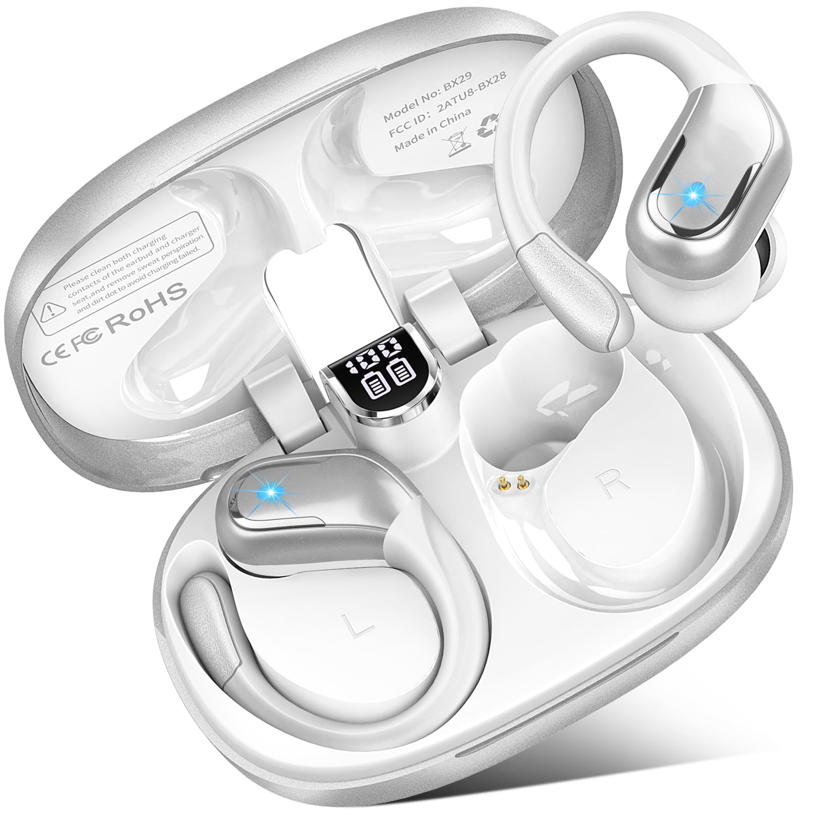 Photo 1 of Wireless Earbud Bluetooth 5.4 Headphones 75Hrs Playtime, 2025 Bluetooth Earbuds Deep Bass Noise Cancelling Mic, Over Ear Bud with Sport Earhooks, IPX7 Waterproof LED Display, Button Control, Sliver