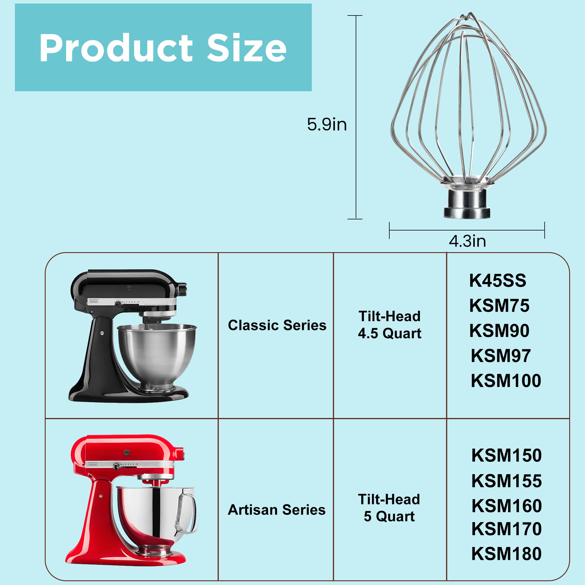 IAGREEA Stainless Steel 3 Pieces For KitchenAid Classic Attachments 4.5-5QT Tilt-Head Stand Mixers, K45WW Wire Whip/ K45DH Dough Hook /K45B Flat Beater for Mixer Accessories Replacement, Heavy Duty