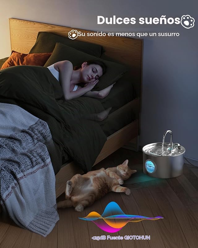 Fonte para gatos em aço inoxidável: Bebedor automático para gatos - Fonte silenciosa para gatos 2,2L - Fontes de água para gatos com 1 filtro + 1 esponja - dispensador de água para cães com janela panorâmica