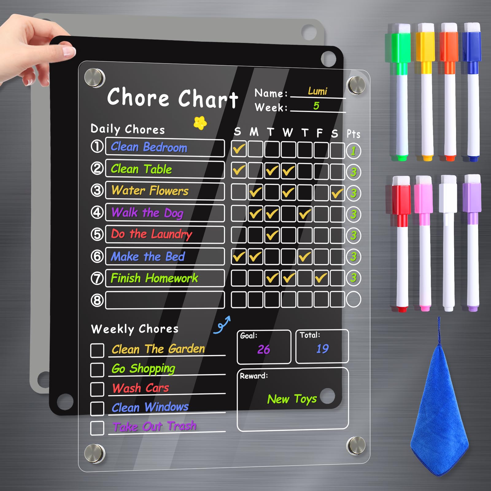 Photo 1 of Acrylic Magnetic Chore Chart for Kids, Chore Board, Dry Erase Chore Chart, 12"x9.5" Transparent Erasable Reward Chart for Teens and Adults Chore Checklist with 6 Markers and Towel