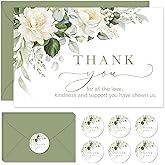 Whaline 48 Pack Funeral Thank You Cards Greenery Floral Sympathy Card with Envelope Sticker Eucalyptus White Flower Bereavement Cards for Loved Ones Celebration of Life