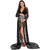 ZIUMUDY Maternity Deep V-Neck Split Front See-Through Maxi Lace Dress for Photography with Long Sleeve