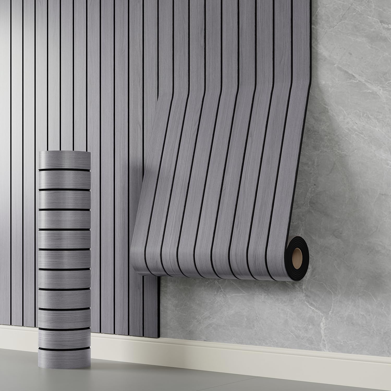Photo 1 of ***Missing Half *** YLL YLL PVC Slat Wall Panel Peel and Stick 236"x 15.7" Faux Grey Wood Grain Slat Panel Self-Adhesive Wallpaper Soundproof 3D Wall Panels