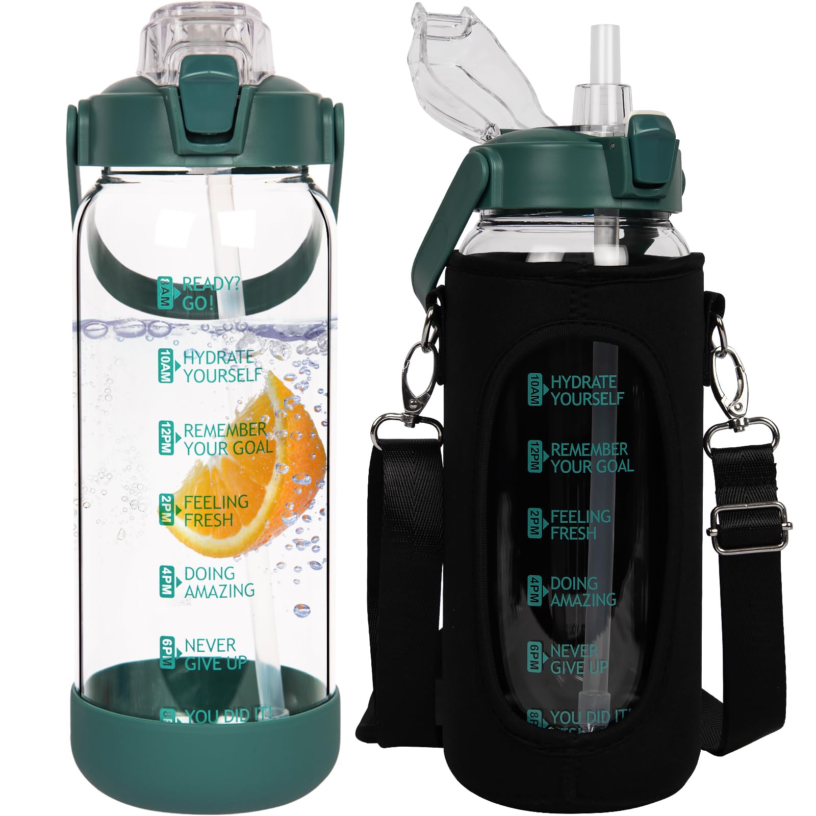 Seekua 2l Glass Water Bottle with Straw & Motivational Time Markings 2 litre Large Leakproof Gym Drinking Bottle