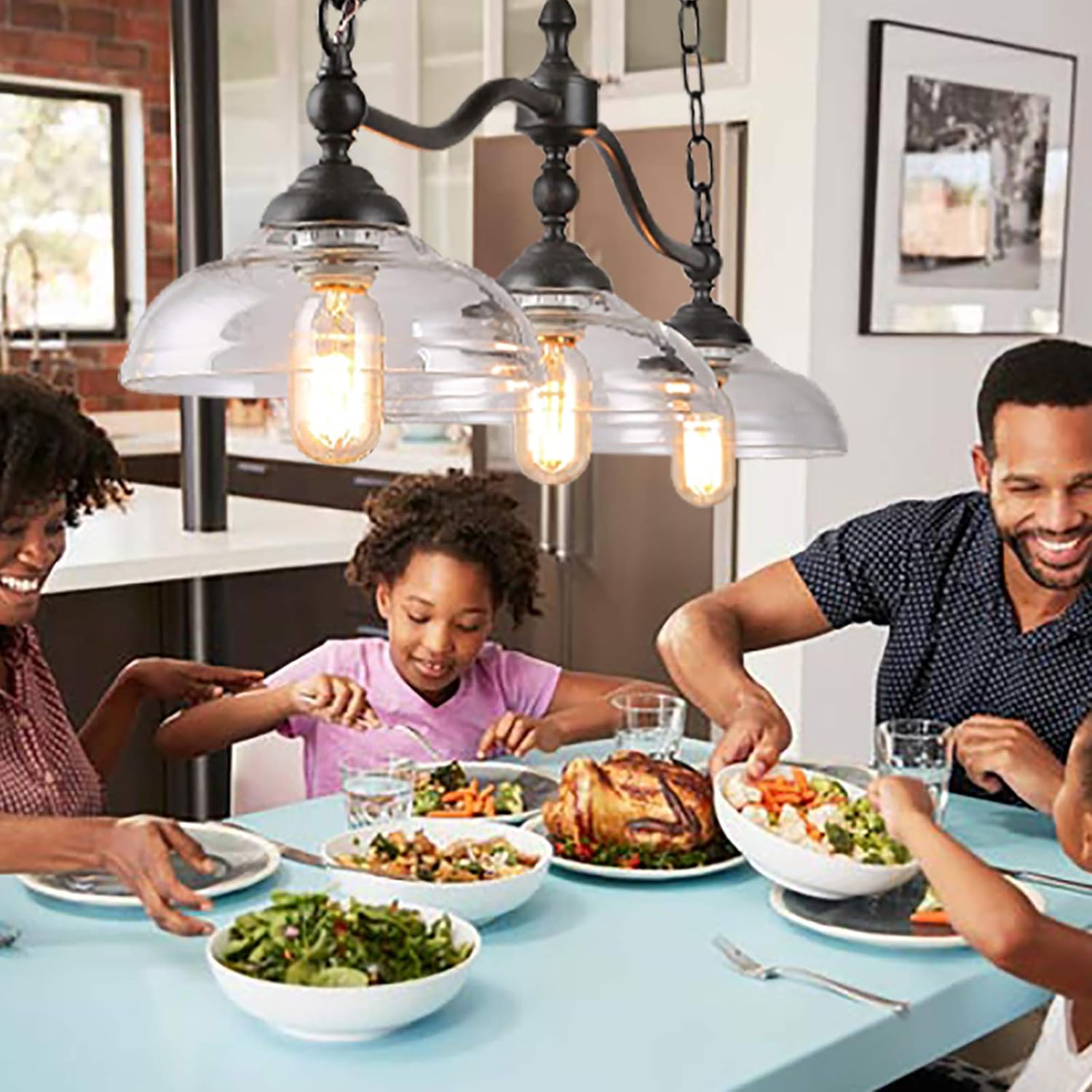 Dining Room Kitchen Island Light Fixture Hanging, Farmhouse Chandelier in Rustic Black Metal with Clear Glass Shades, Adjustable Chains Pendant Light - - 