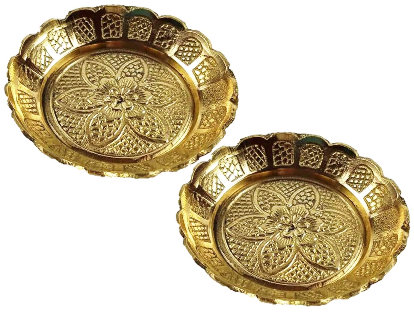 Purpledip Brass Puja Bowls Plate Katori: for Small Puja Items, 3inch, Set of 2 (12240)