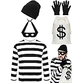QZYL Robber Costume Set, Unisex Thief Cosplay T Shirt Beanie Cap Gloves Eye Masks Money Bags for Halloween