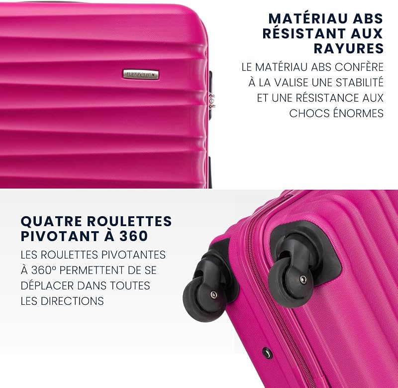 Valise Grande Taille Valise de Voyage à roulettes Coque Rigide ABS 4 roulettes Spinner Serrure à Combinaison Poignée télescopique Groove Line Taille XL Rose Air France/Easyjet/Ryanair
