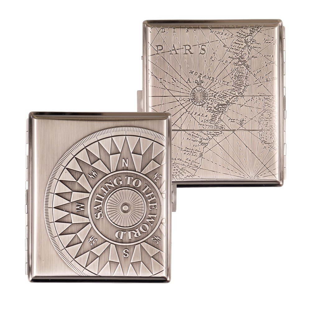 SMOKERTOOLS 18th century style metal cigarette case in chrome antique compass design with clips