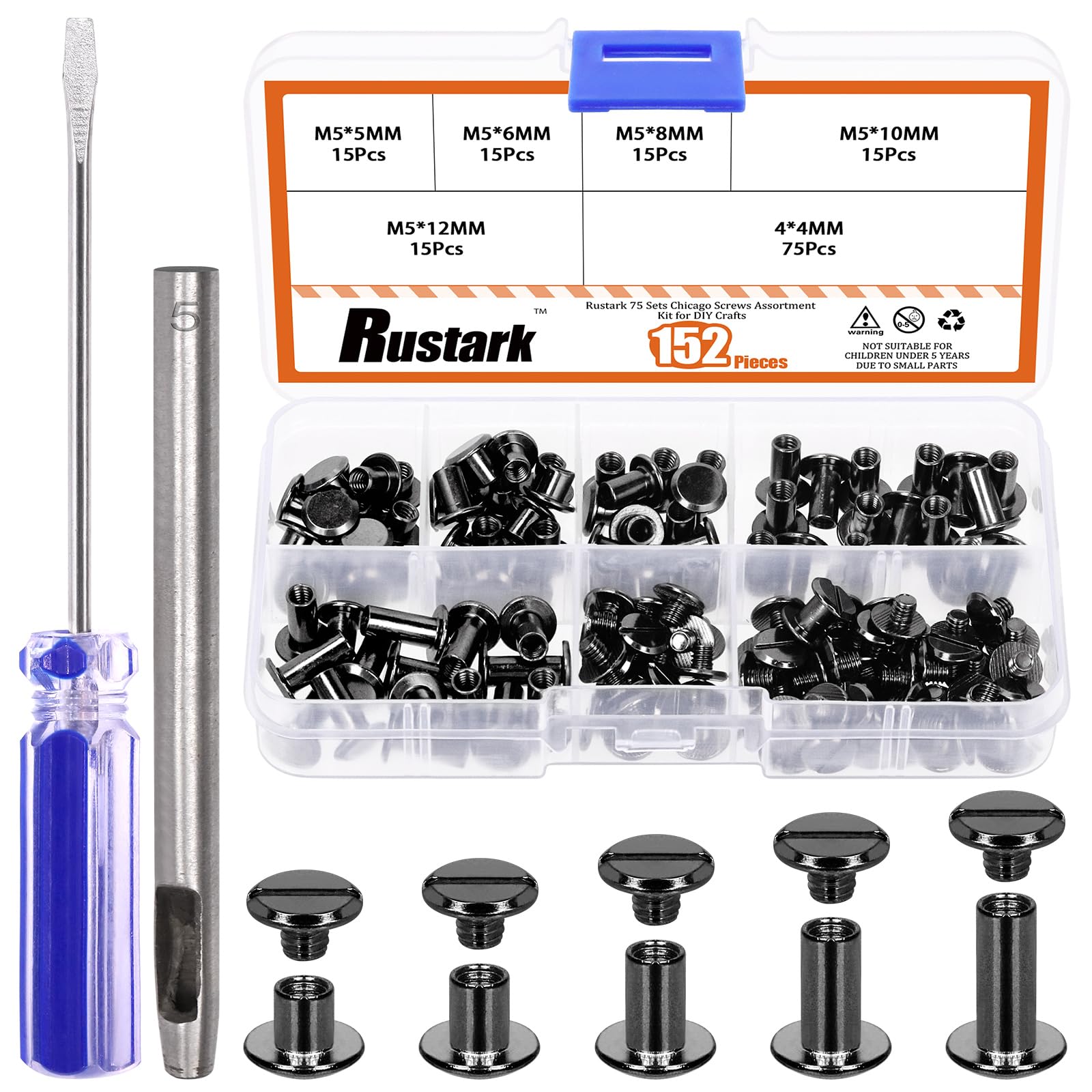 Rustark 75 Sets 5 Sizes M5 Gun Black Chicago Screws Assorted Kit with Setting Tools Kit, Round Flat Head Chicago Rivets Chicago Bolts Chicago Metal Screws Studs for DIY Leather Craft Bookbinding