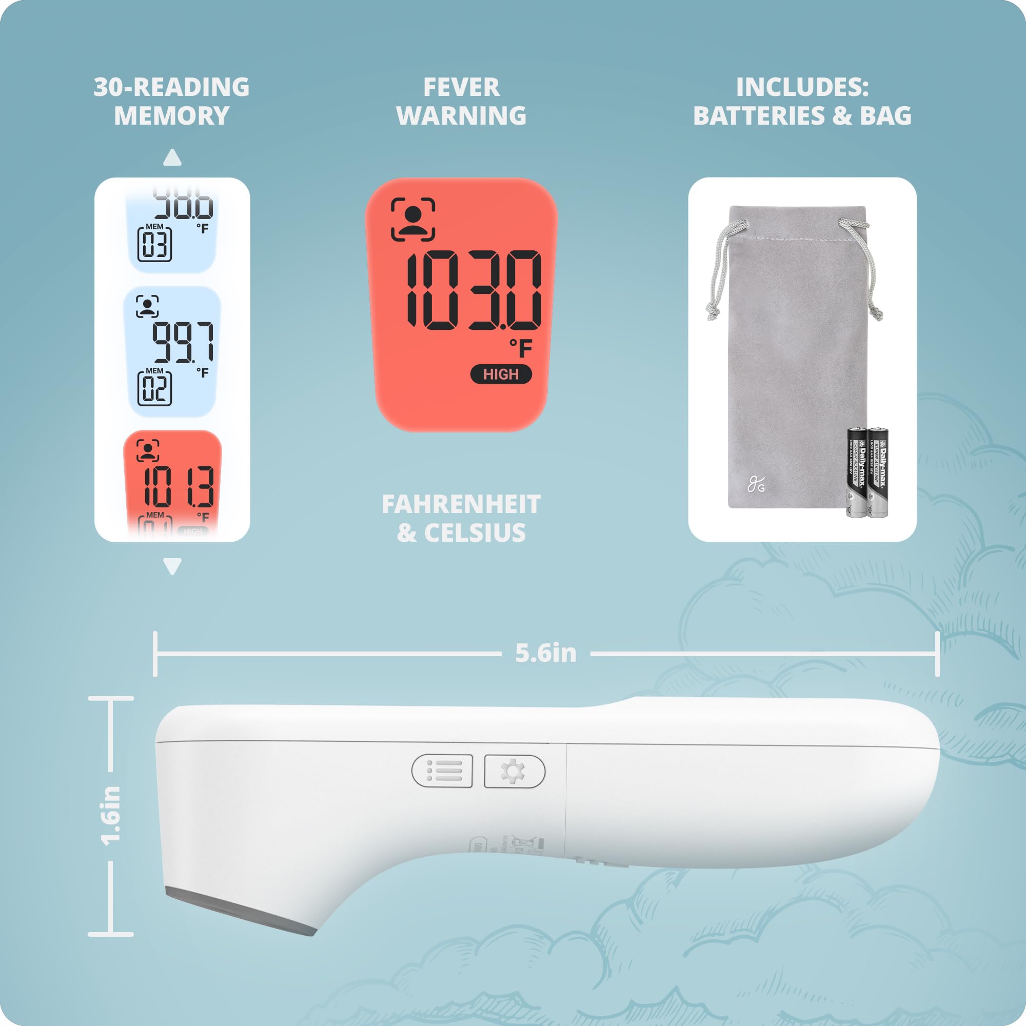 Greater Goods No-Touch Infrared Digital Thermometer for Adults, Kids, and Babies, Forehead Thermometer with Ergonomic Grip, Fever Alarm, White