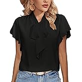 Rooscier Women's Bow Tie Neck Ruffle Short Sleeve Vintage Retro Work Blouse Top