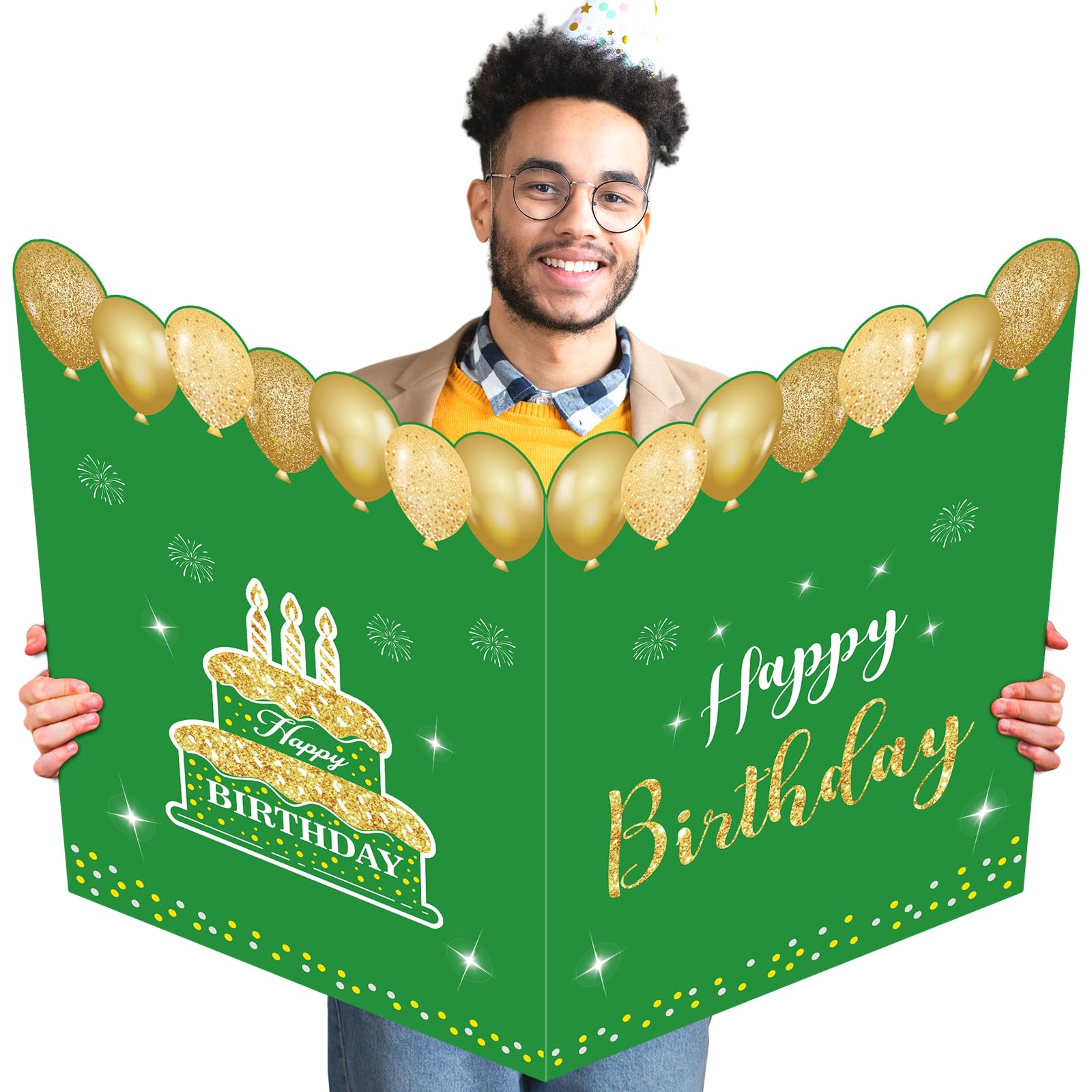 Photo 1 of Jumbo Birthday Card Decoration, Green Gold Giant Happy Birthday Guest Book Large Greeting Paper Cards Gifts Oversize Birthday Party Favors Supplies Extra Big Blessing Card Decor for Men Women Boys