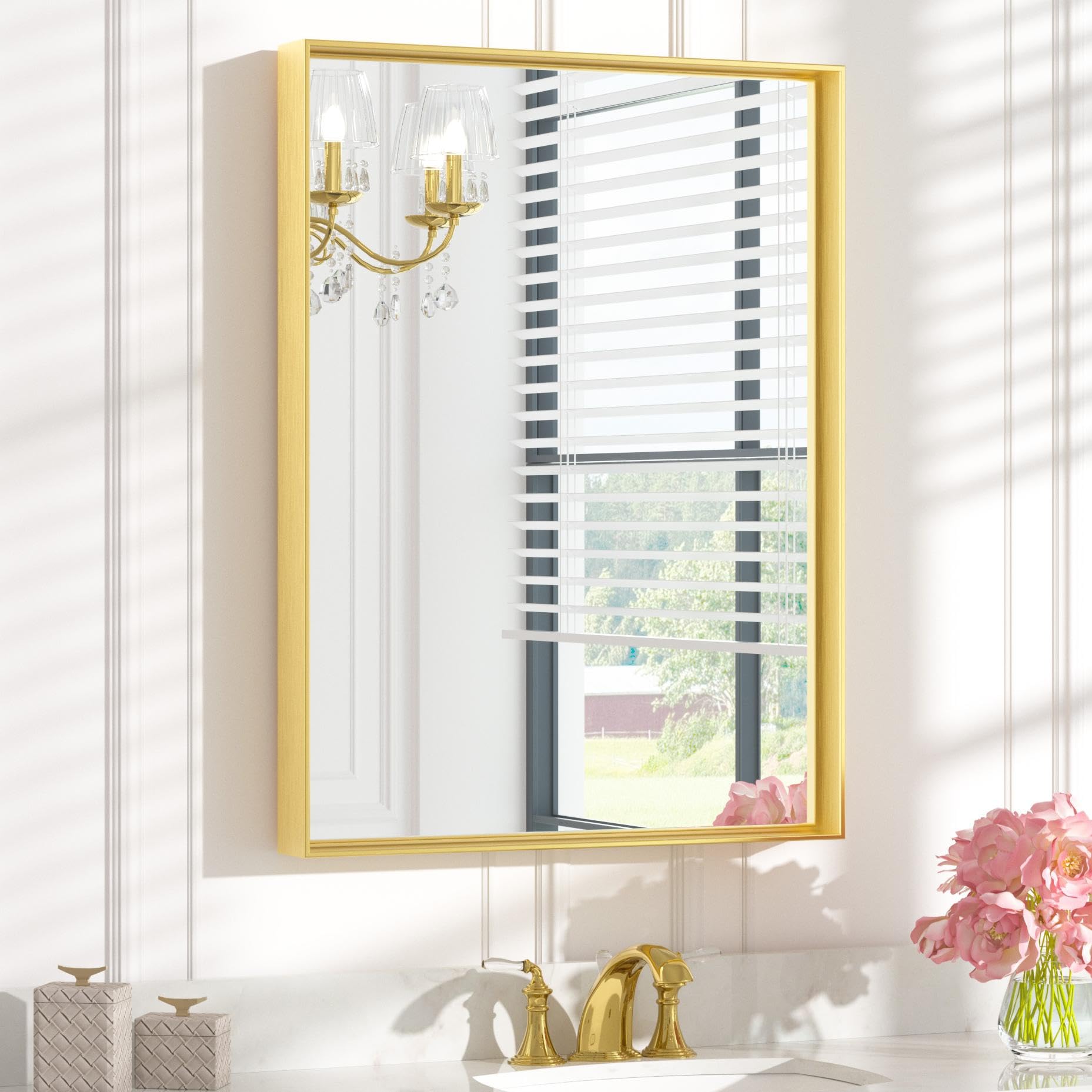 Keonjinn Gold Bathroom Vanity Mirror 24 x 32 Inch, Rectangular Wall Mirror, Aluminum Alloy Metal Frame Rectangle Modern Farmhouse Mirrors, Square Corner Framed Mirrors for Bathroom Sink Image