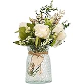 Uponhau Artificial Flowers with Vase, Faux Silk Roses in Vase, Fake Plant Eucalyptus Flower Arrangement for Office Home Farmhouse Bathroom Dining Table Centerpiece Decorations Coffee Table Decor