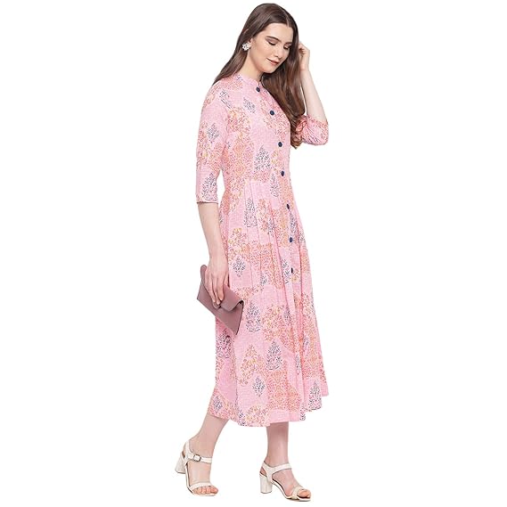 Women's Floral Print Cotton Blend A-Line Kurta (Pink)