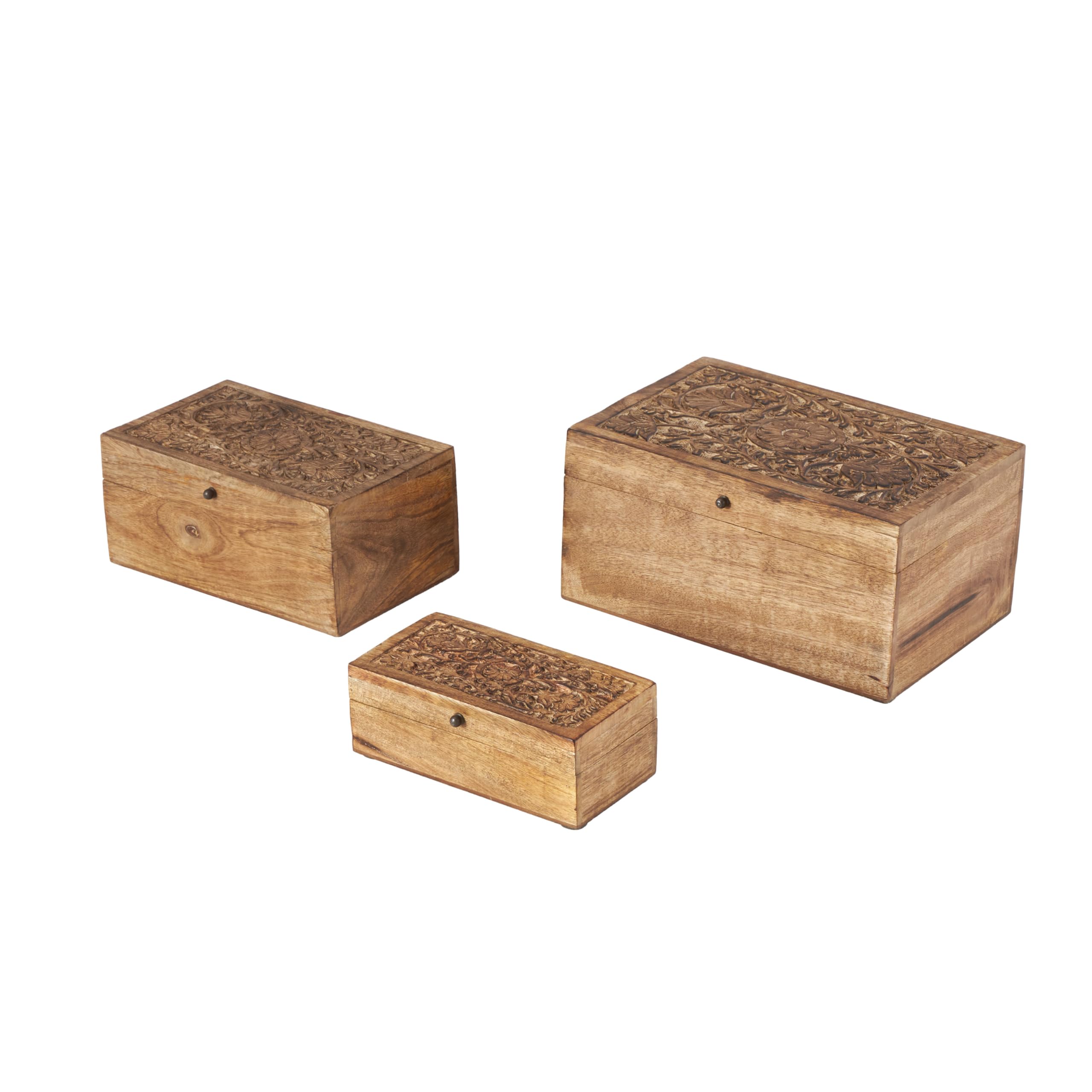Photo 1 of Deco 79 Mango Wood Floral Handmade Decorative Box Decorative Keepsake Boxes with Hinged Lid, Set of 3 Storage Boxes 8", 10", 12"W, Brown
